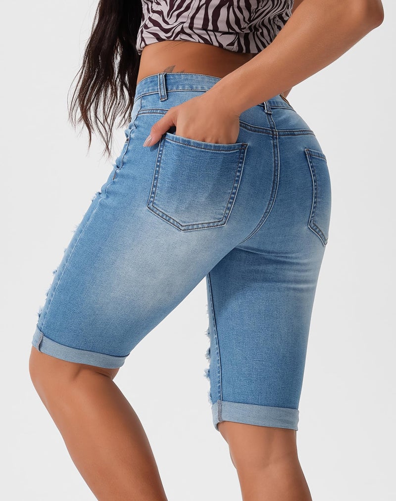 roswear Women's Distressed Ripped Mid Length Rolled Hem Shorts Jeans Blue XXL - Image 3